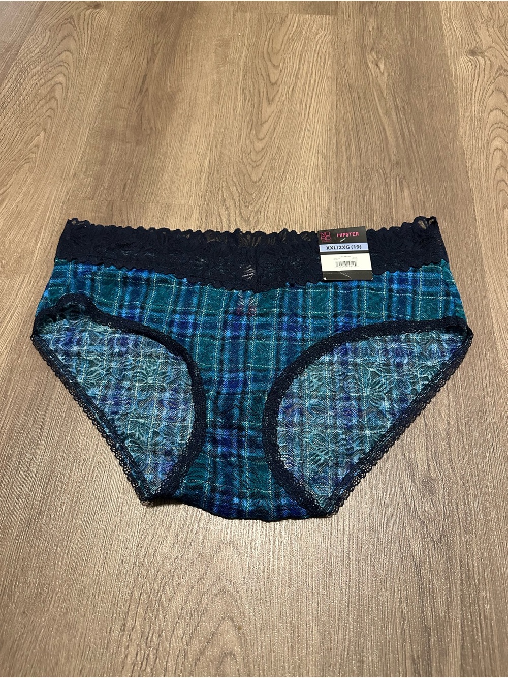 No Boundaries Hipster Lace Trim Plaid Bikini Briefs in Teal & Navy